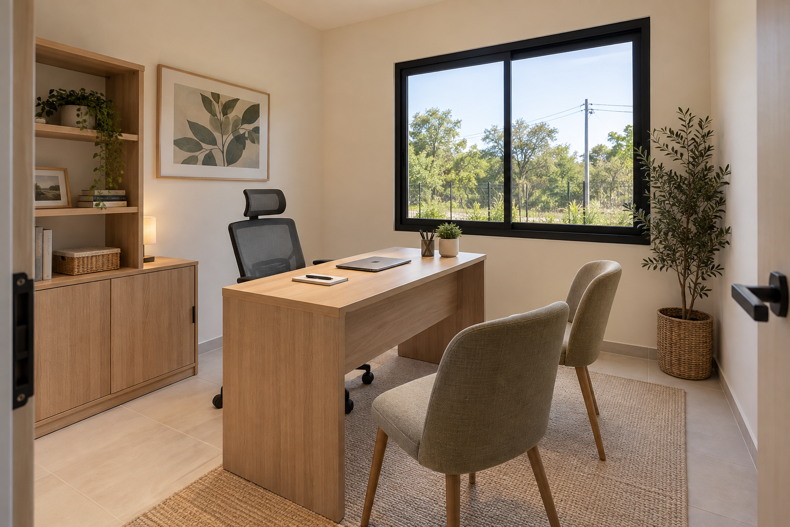 Home office with wood desk, shelving and garden view