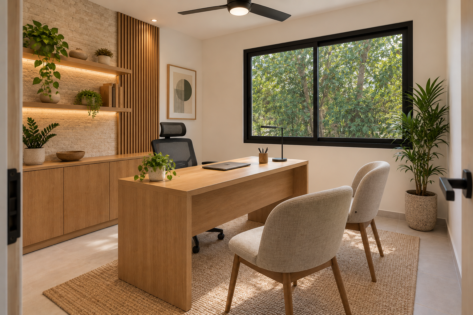 Home office with wood desk, slatted wall, shelving and garden window