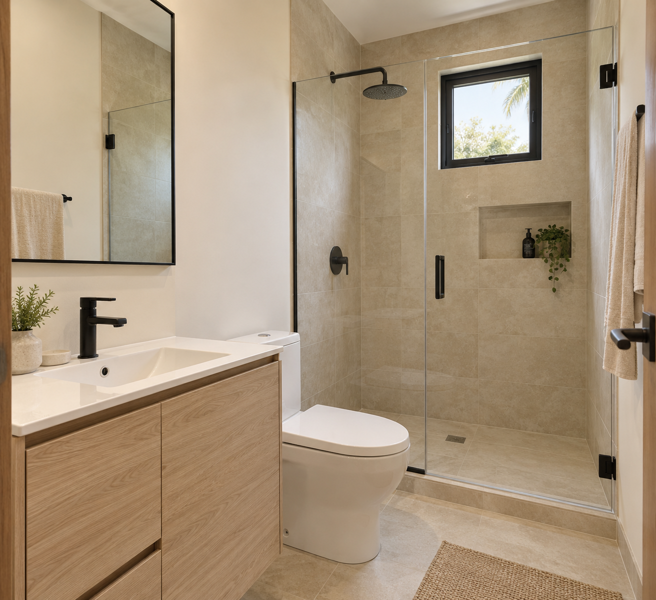 Second bathroom with glass shower enclosure and wood vanity