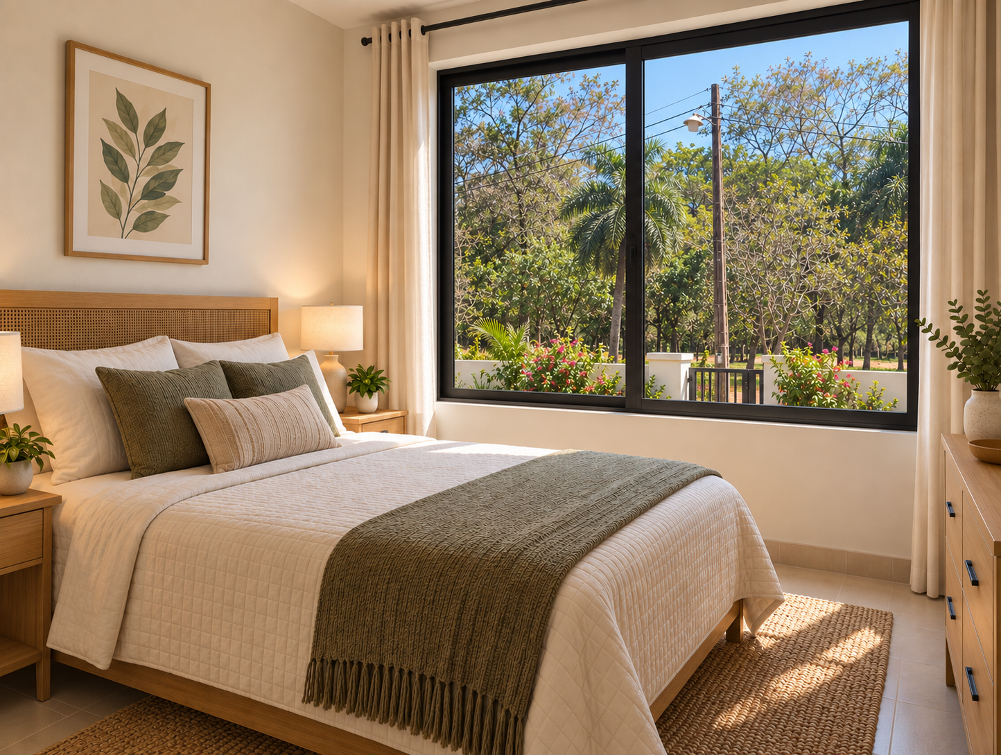 Sunlit bedroom with garden view