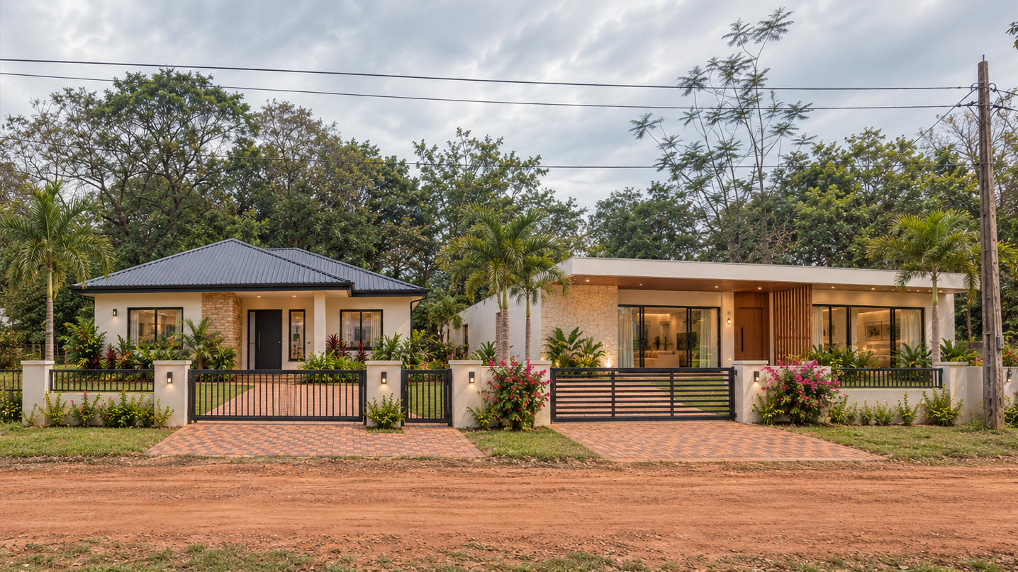 Street view of two homes in San Bernardino, Paraguay.