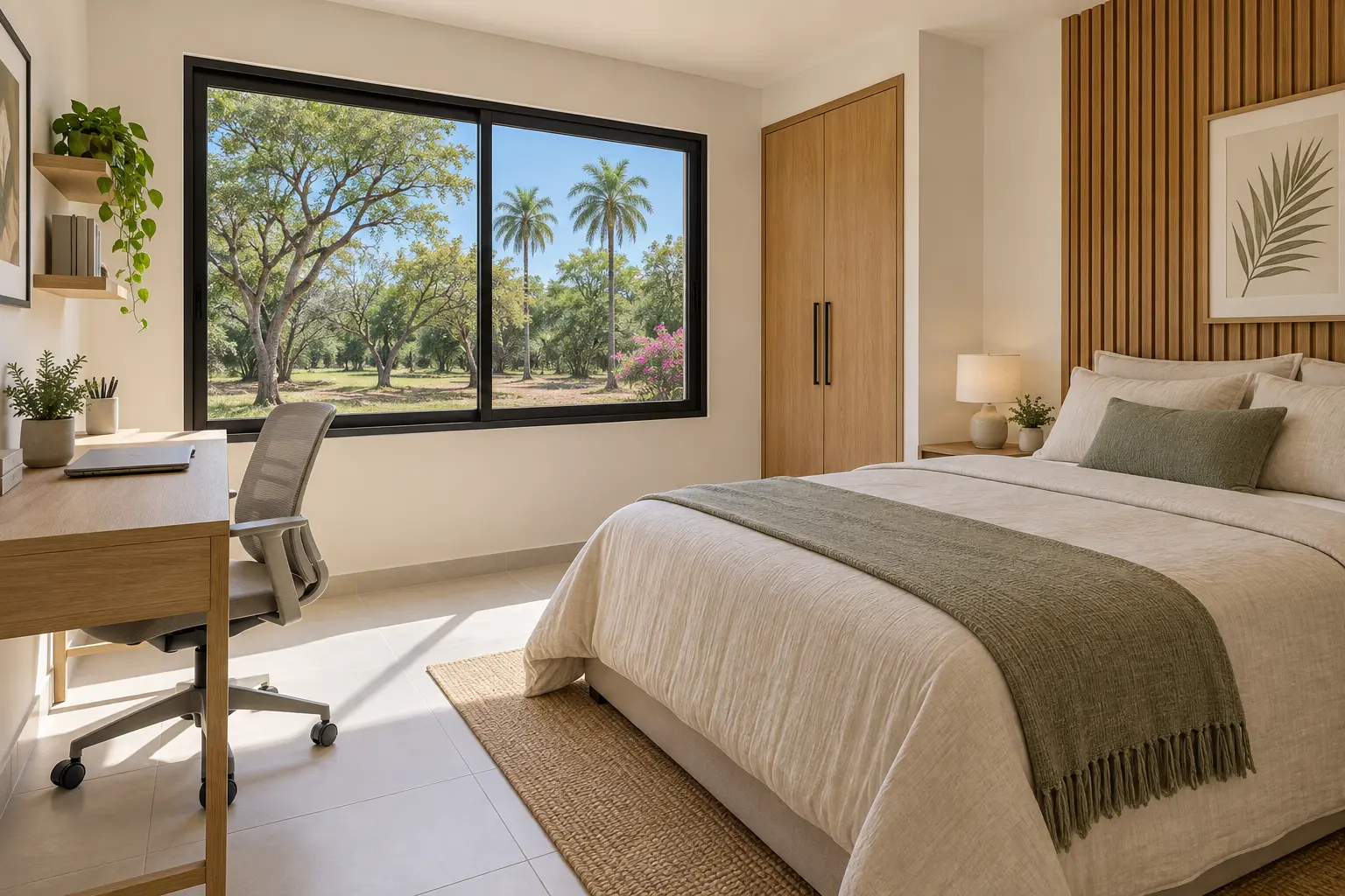 Third bedroom with home office desk and garden view