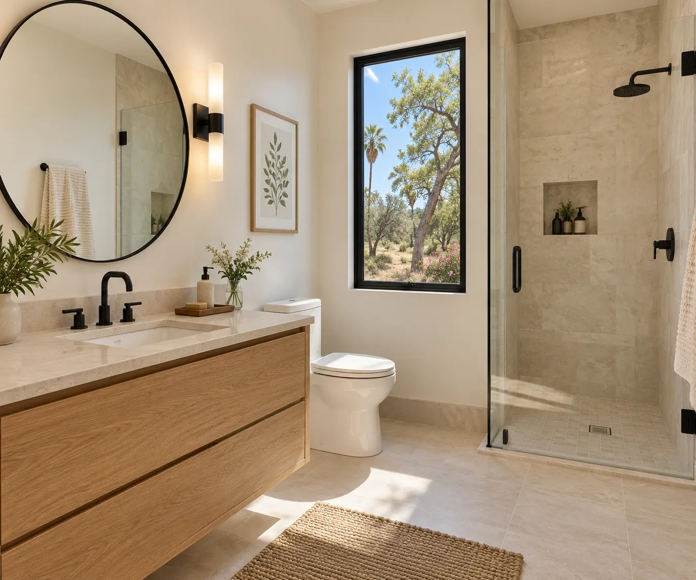 Second full bathroom with round mirror and glass shower