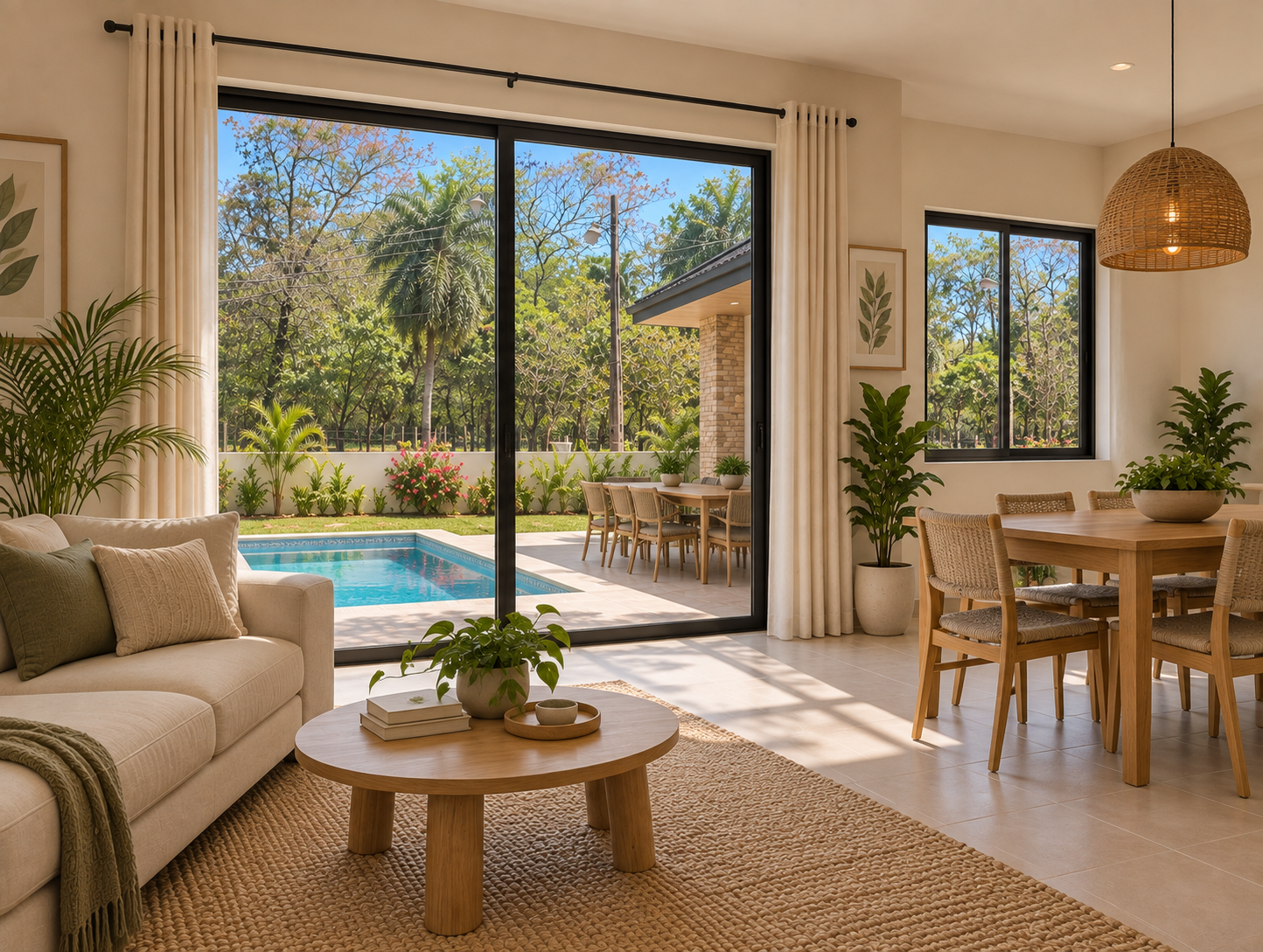 Living and dining area opening onto the pool terrace