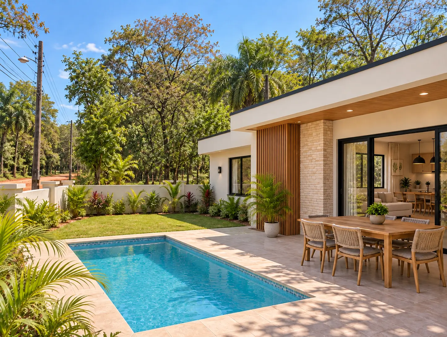 Pool and covered patio with outdoor dining table