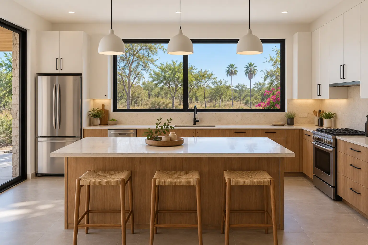 Kitchen with island seating, pendant lights and countryside window