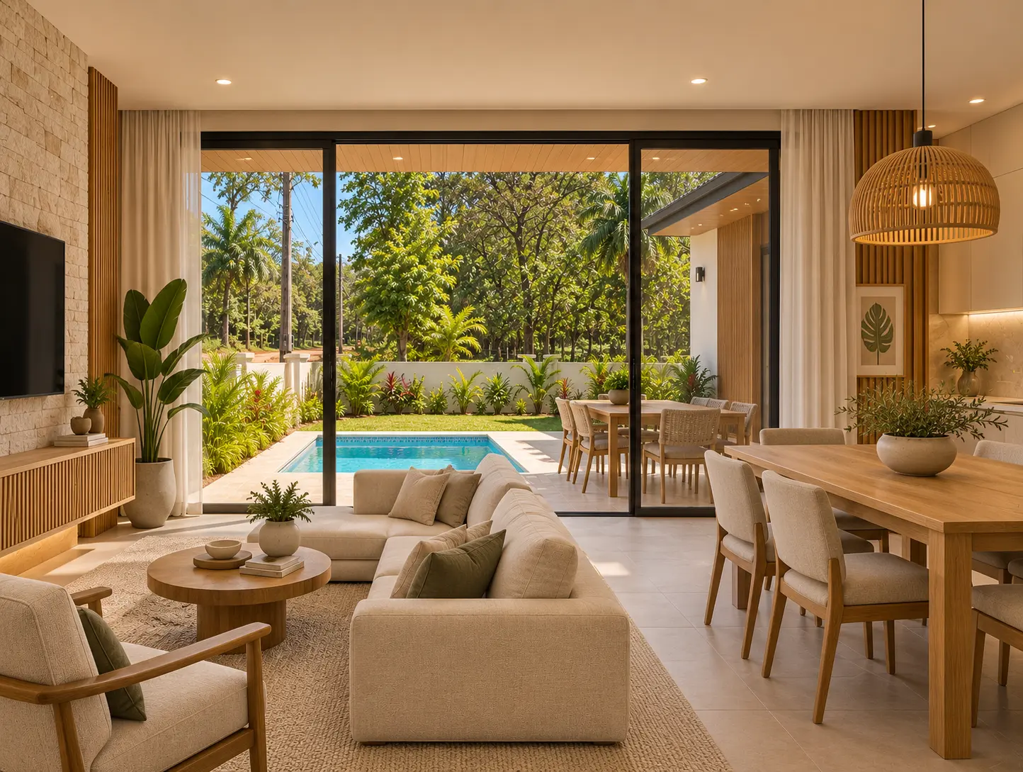 Open living and dining area opening onto the pool
