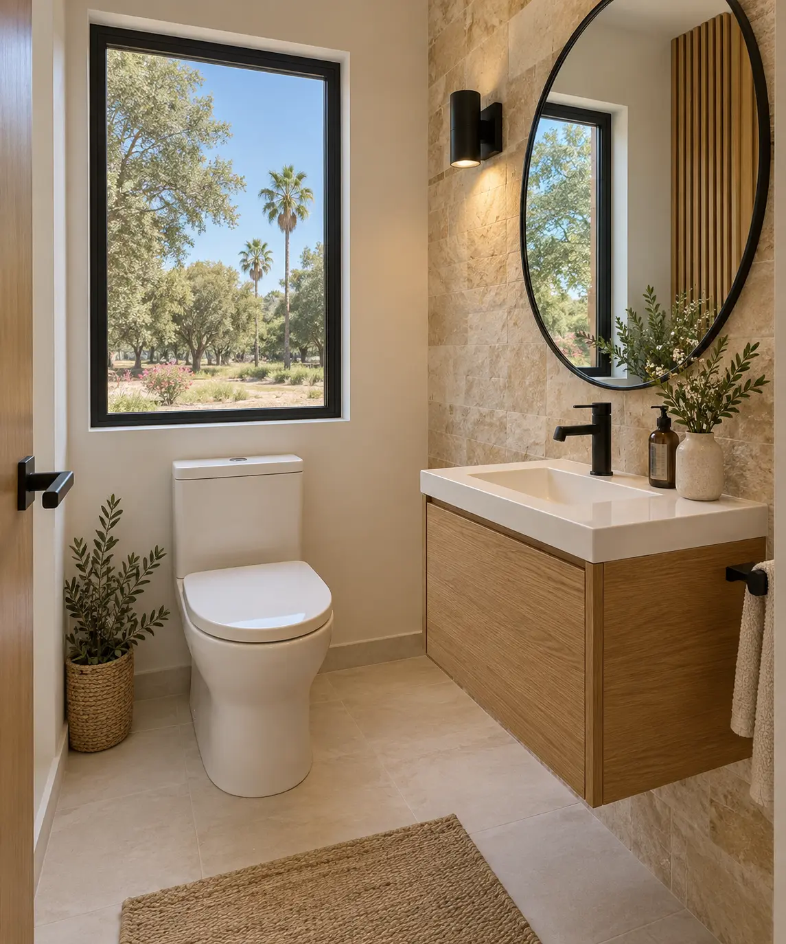 Social powder room with floating wood vanity and stone wall