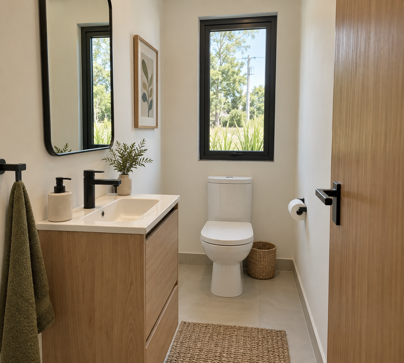 Powder room with wood vanity and framed art