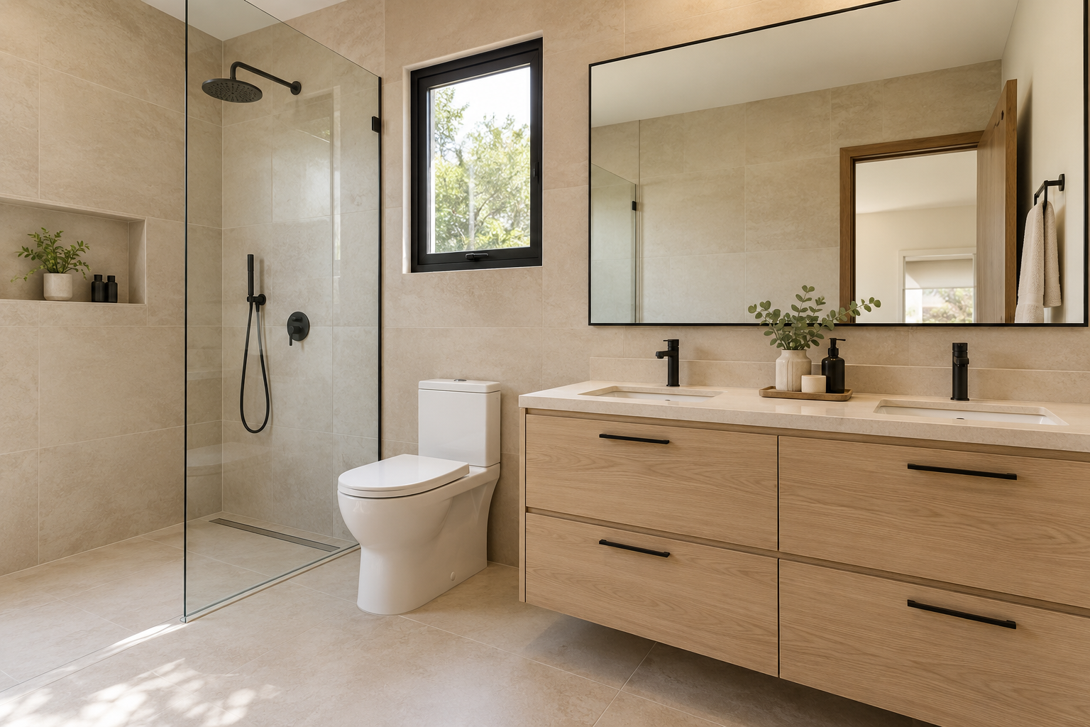 Main bathroom with walk-in rain shower and double vanity