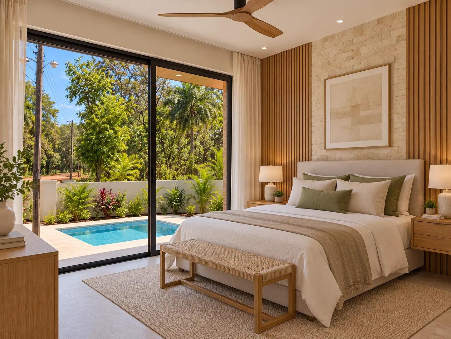 Main bedroom with sliding doors onto the pool terrace