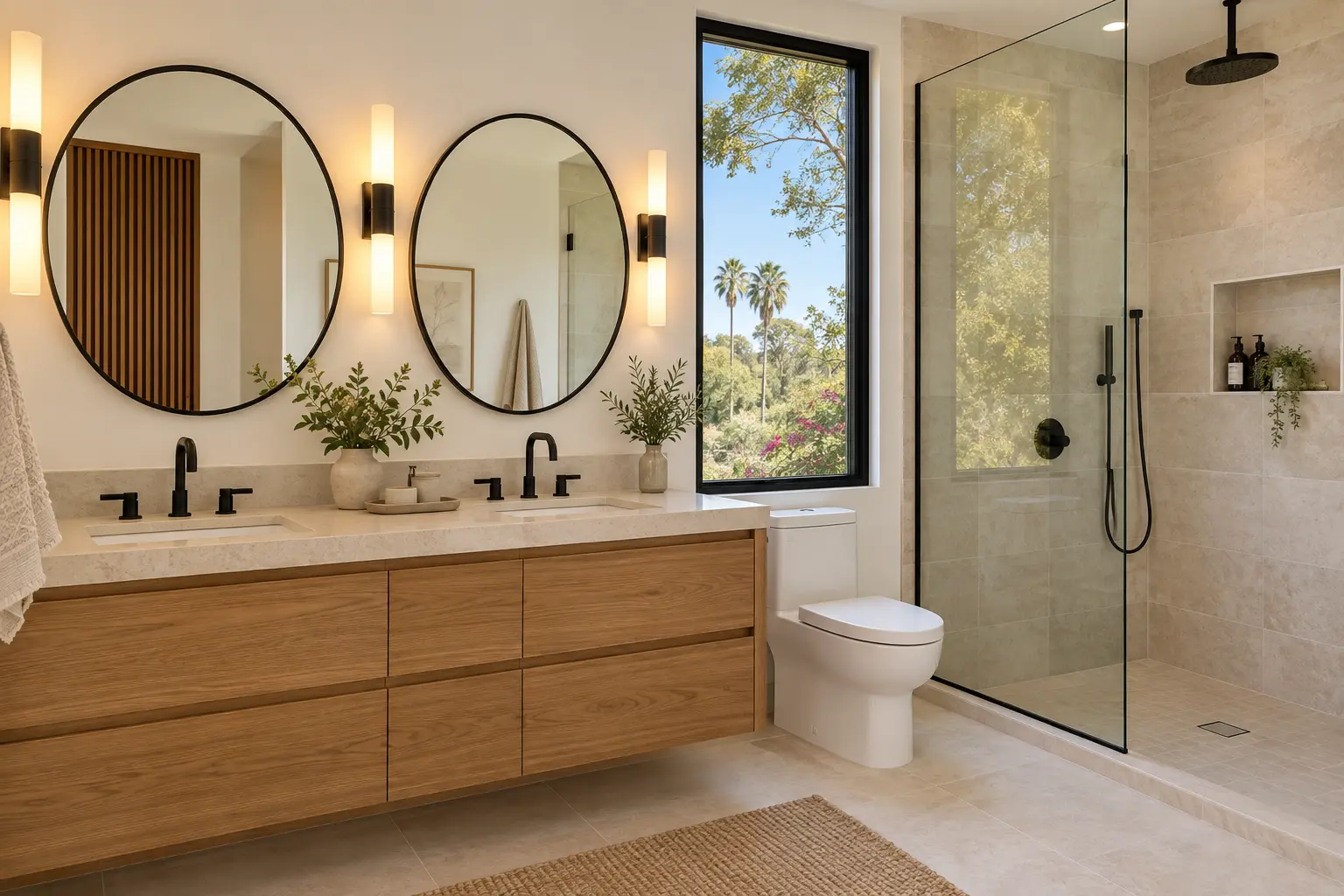 Main ensuite with double vanity and walk-in rain shower