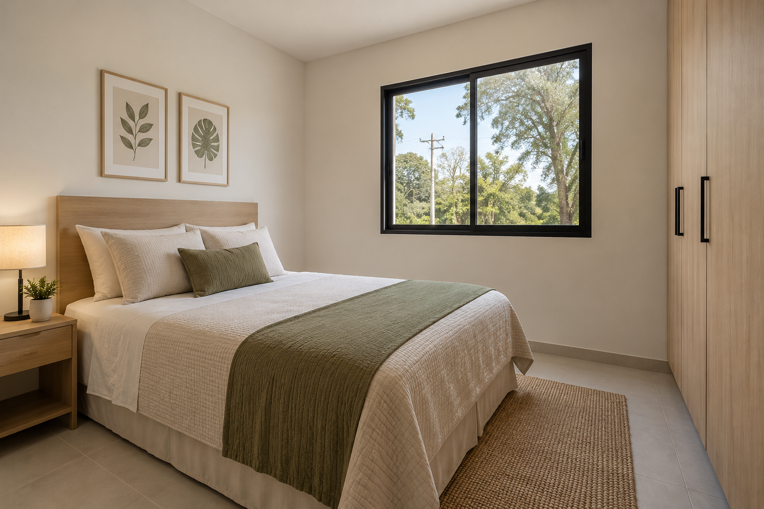 Guest bedroom with olive green throw and built-in wardrobe