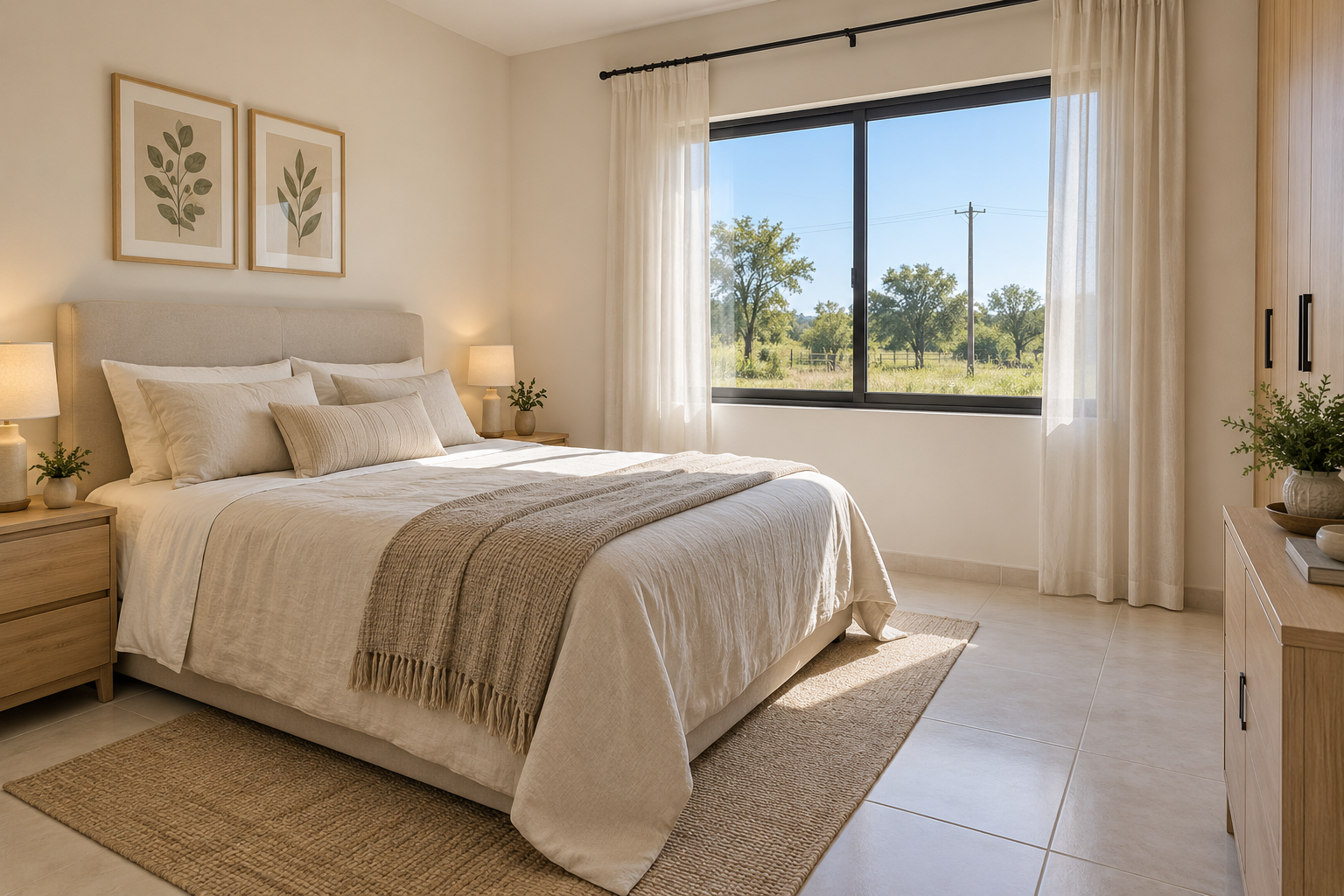 Main bedroom with linen bedding and a wide countryside window